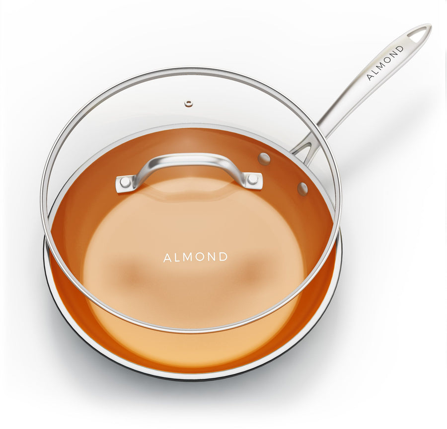 Almond 12 Inch Non-Stick Frying Pan with Lid - Copper Ceramic Fry Pans with Tempered Glass Lid & Stainless Steel Handle Round Aluminum Saute Pan Dishwasher and Oven Safe - 12 inches
