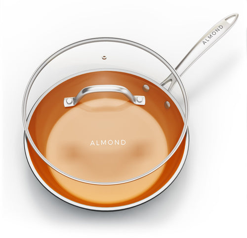 Almond 12 Inch Non-Stick Frying Pan with Lid - Copper Ceramic Fry Pans with Tempered Glass Lid & Stainless Steel Handle Round Aluminum Saute Pan Dishwasher and Oven Safe - 12 inches